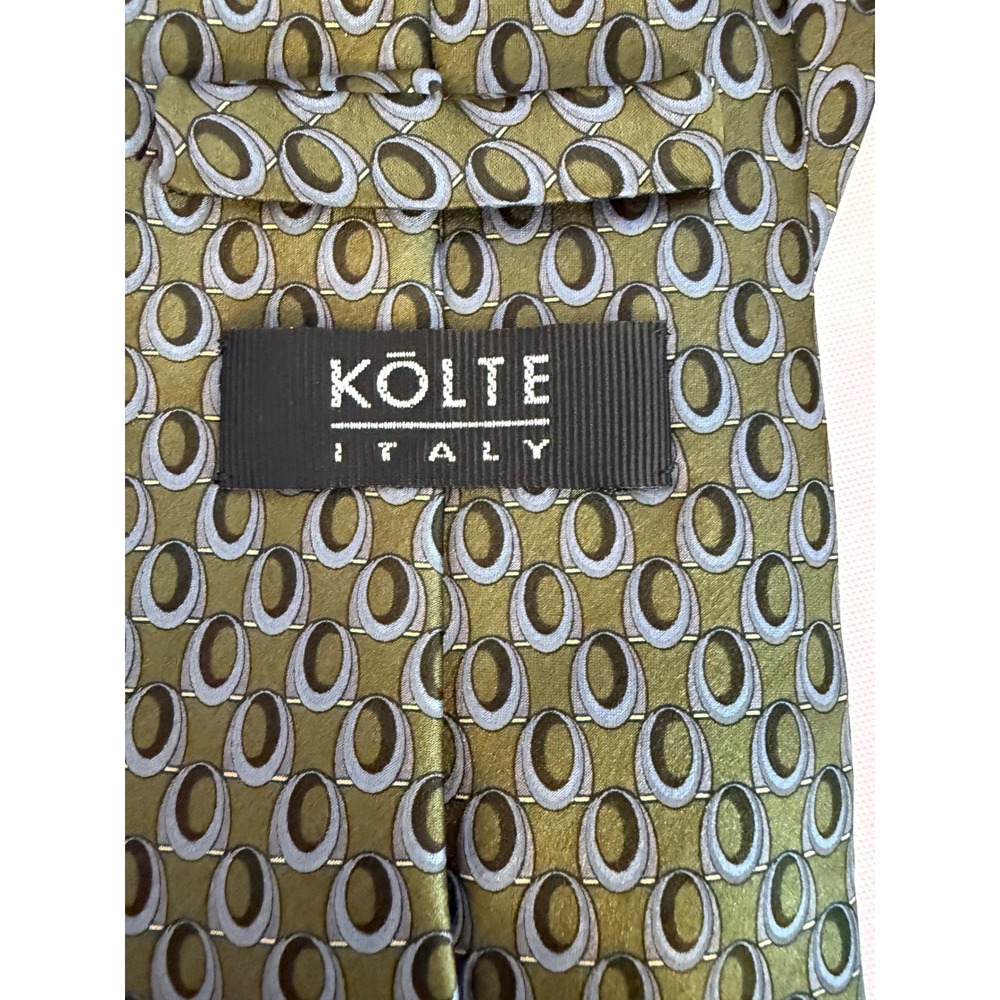 Kolte Italy Mens Silk Tie Olive Green Grey Geometric Oval Pattern Handmade Italy - Picture 3 of 6